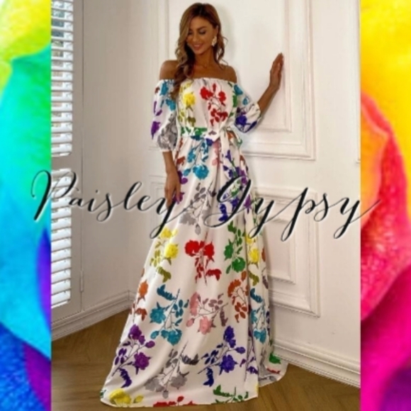 Glamorous Rainbow Floral Maxi Off the Shoulder Formal Gown - Picture 1 of 11